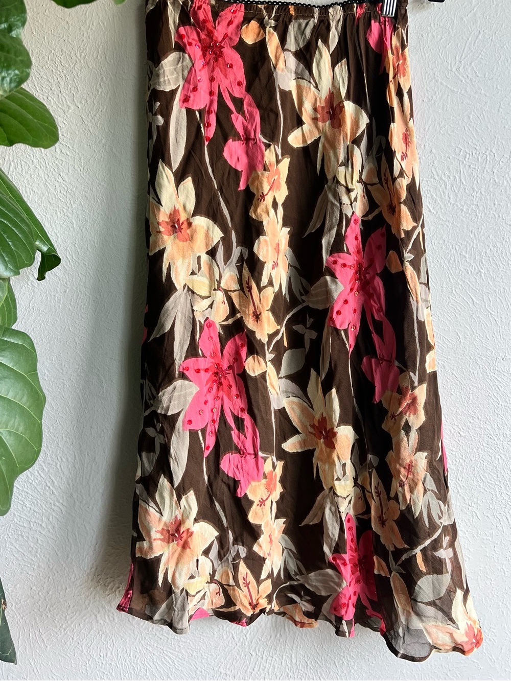 Vintage Floral Brown Maxi Skirt with Pink & Cream Blooms